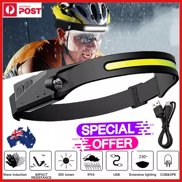 Waterproof COB LED Motion Sensor Head Torch Headlight USB Rechargeable Headlamp