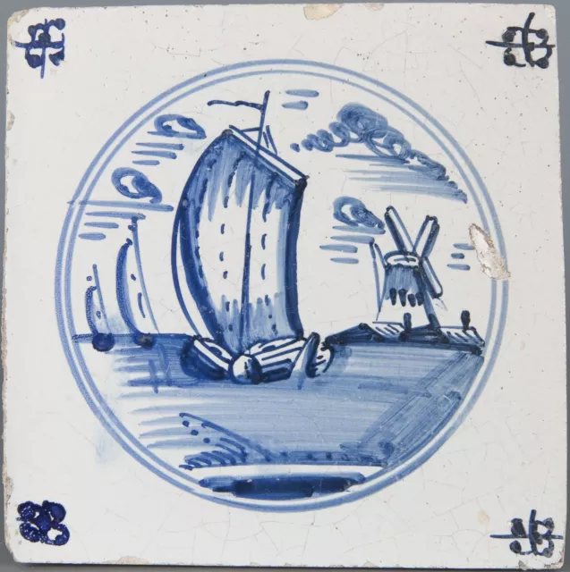 Nice Dutch Delft Blue tile, sailboats and a windmill, circa 1800.