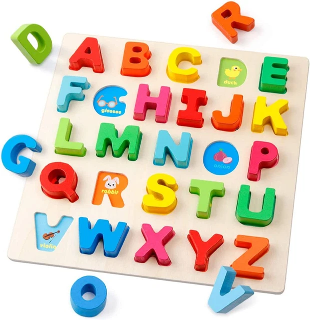 WOODEN ALPHABET PUZZLE ABC Letters Sorting Board Blocks Montessori