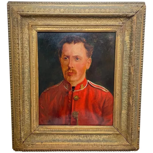 Britannique 19th Siècle Militaire Huile Peinture Portrait Rouge Manteau Uniforme