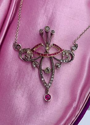 Art Nouveau Rose Coupe Diamant Rubis Collier Belle Époque Pendentif