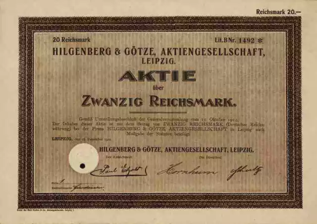 Hilgenberg & Götze 1924 Chemie AG Leipzig Emil Pinkau 20 RM Sachsen RARE Aktie