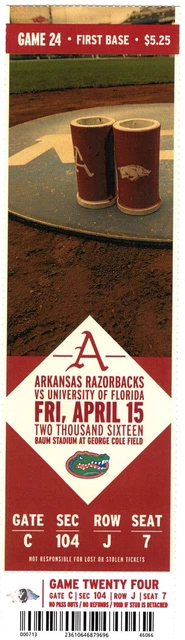 Arkansas Razorbacks SEC Baseball Ticket Stub Florida Game 4/15/16 Baum Stadium
