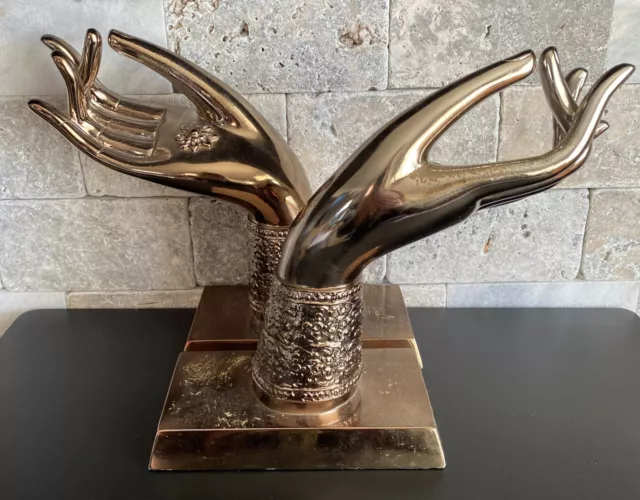 Thai Bronze Buddha Hands Set Of 2  Lotus Mudra Sculpture Statue Polyresin 8”x6”