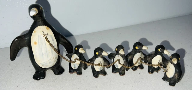 Very RARE Vintage Ceramic Penguin Figurines CHAINED set of 7