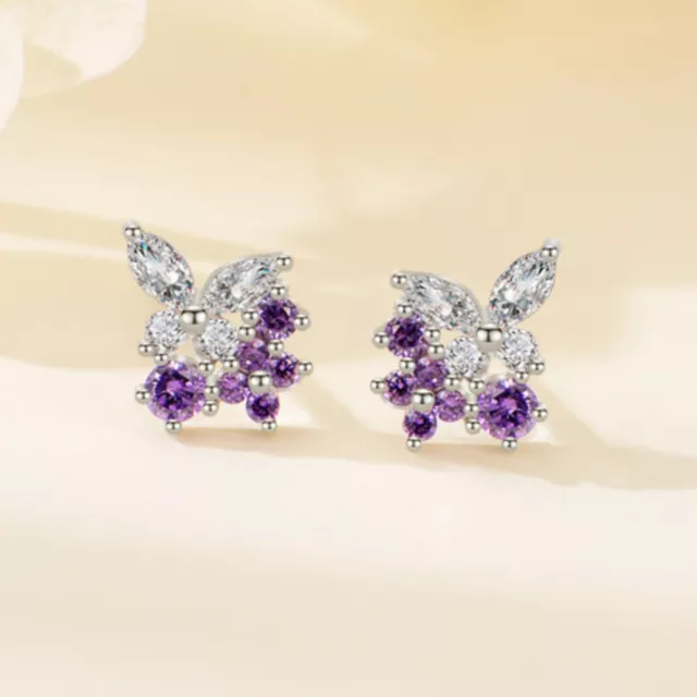 Genuine 925 Sterling Silver Purple Amethyst Flower Butterfly Solid Stud Earrings 2