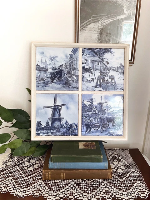 Framed Delft Tiles Blue and White Windmills Dutch Folk Art Scenes White Wood