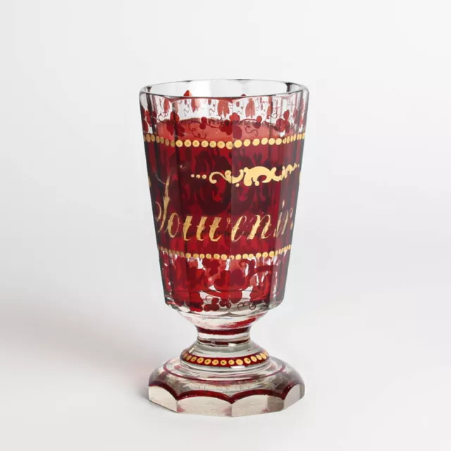 Rubinglas Böhmen Herstellung um 1840 Rot Gold Trinkglas alt "Souvenir"