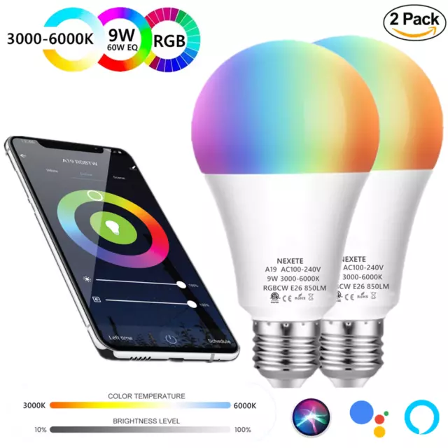 2X Wifi Smart LED light Bulb 9W(60W) A19 850LM RGB+CW Dimmable Alexa/Google Home