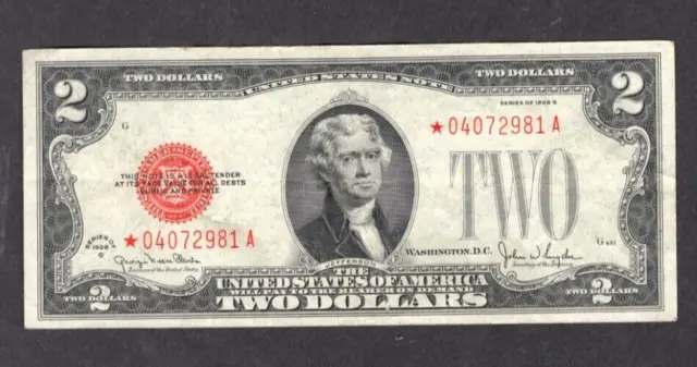 1928 G $2 Two Dollar Bill Red Seal S423
