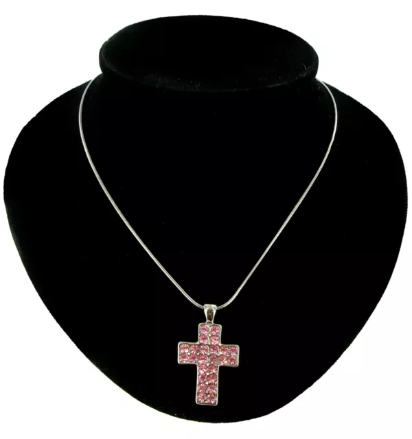 Pink Rhinestone Crystal Cross Pendant 1 1/2" +  Silver Tone Chain Necklace 20"