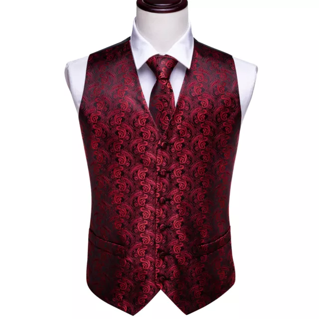 Mens Red Black Paisley Silk Waistcoat Tie Set Button Pocket Vest UK Size S-3XL