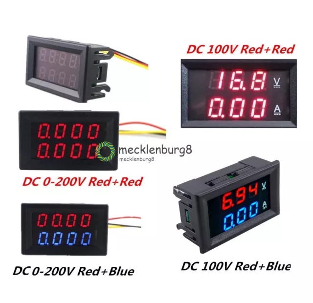 DC 0-200V 100V 10A 3/4 Bit Voltmeter Ammeter Red+Red Red+Blue LED Amp Wires NEW