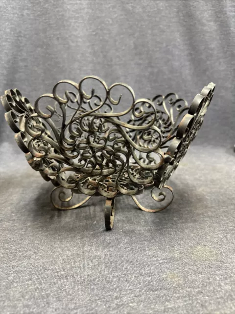 Vintage Spain Wrought Iron Scroll Work Metal Fruit Bowl Footed Basket