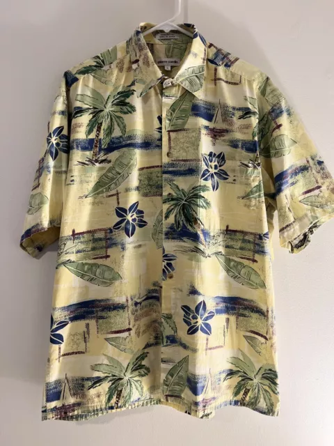 Pierre Cardin Men's L Hawaiian Shirt Blue, Yellow, Green Floral Short Sleeve