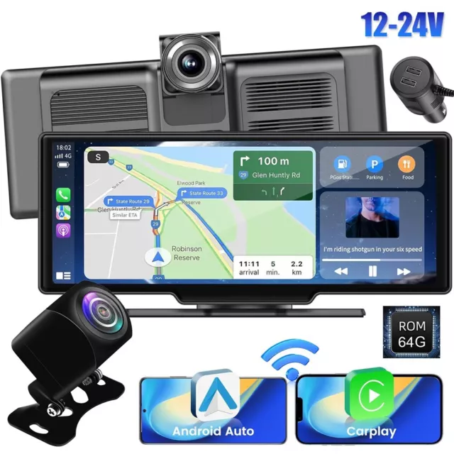 10.26" Touch Screen Wireless Apple Carplay Portable Car Stereo Android Auto+CAM