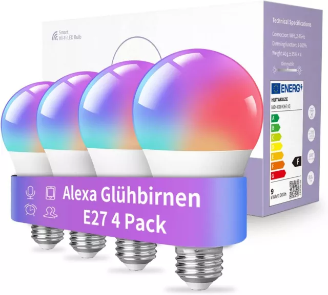Alexa Glühbirnen E27 Smart LED Lampe, 9W 806LM WLAN Mehrfarbige Dimmbar