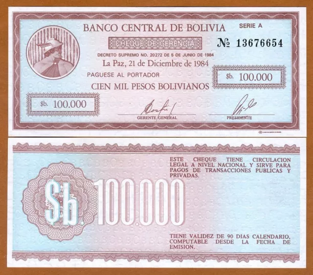 Bolivia, 100,000 (100000) Pesos Bolivianos, 1984, P-188, UNC