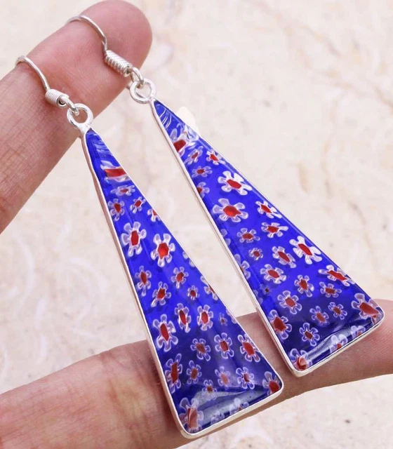 Dichroic Glass 925 Silver Plated Handmade Earrings of 2.5" Ethnic Gift