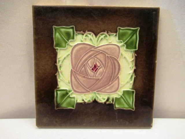 Antique Tile Art Nouveau Majolica Porcelain England Flowers Design Decorativ*503