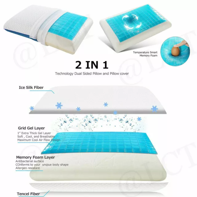Memory Foam Cooling Gel Pillow Orthopedic Bed Pillow W/ Case Reversible