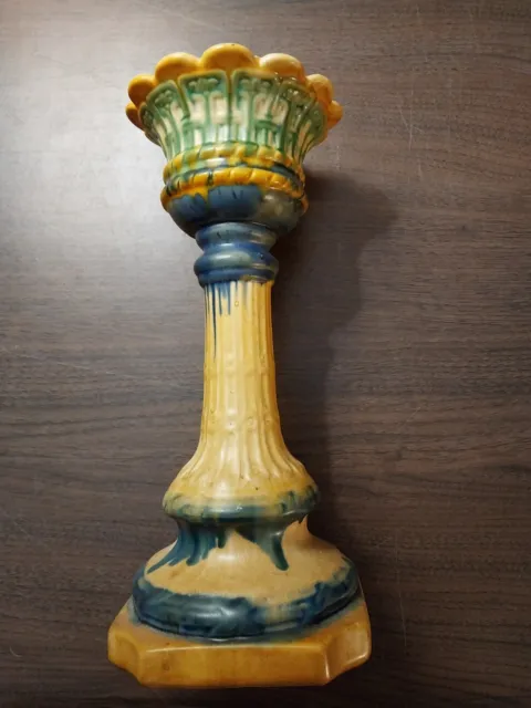 Pottery Pillar Pedestal Candle Holder Plant Stand 12” yellow green blue drip