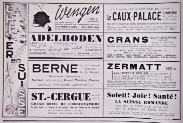 1934 Press Advertisement Winter In Swiss Wengen Adelboden Zermatt - Advertising