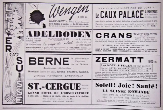 1934 Press Advertisement Winter In Swiss Wengen Adelboden Zermatt - Advertising