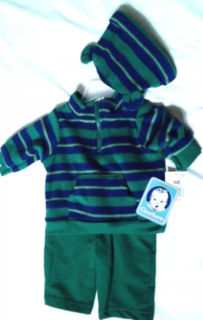 Gerber 3 pc Infant Outfit Green Blue stripe top Hat Green Pants New Size O-3 M