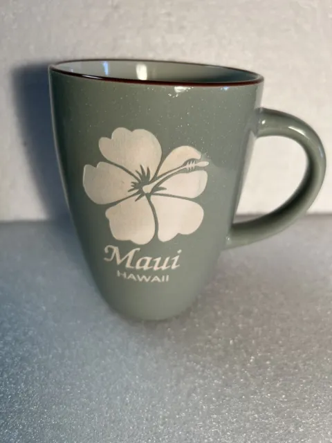 Maui Hawaii Green Coffee Stoneware Mug Etched Hibiscus Design