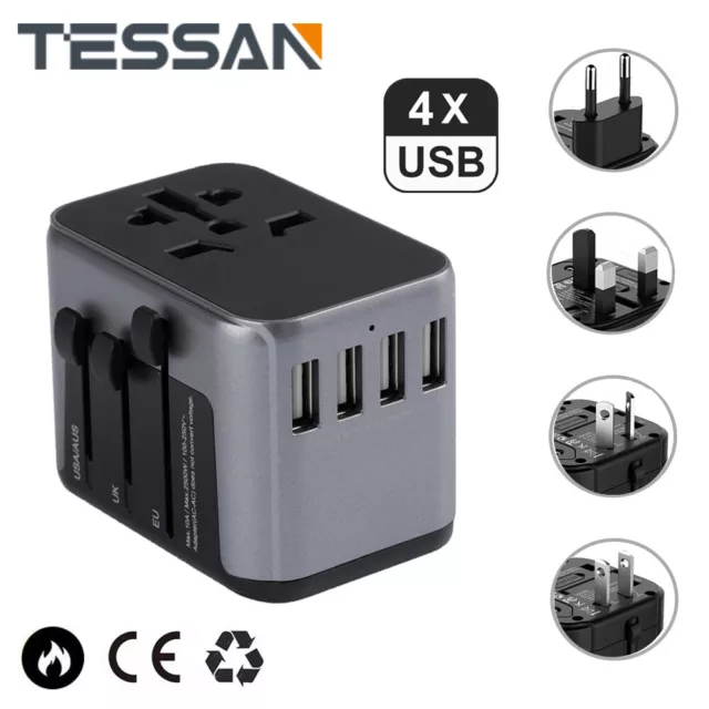 Universal Reiseadapter Weltweit 224+ Ländern 2500W mit 4 USB Anschlüsse Schwarz