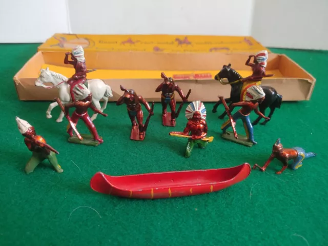 Early Crescent Toys Lead Metal North American Indians 10 Pieces Original Box