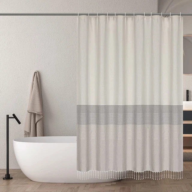 Boho Farmhouse Cotton Fabric 220 GSM Shower Curtain Set 12 Hooks Include Fringe