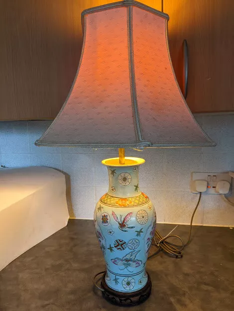Vintage Oriental Chinese Floral Birds And Butterflys Porcelain Vase Table  Lamp