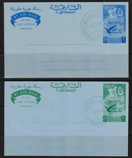 Uae Sharjah 1955 Two Air Letter With First Day Of Issue Cancels In Green