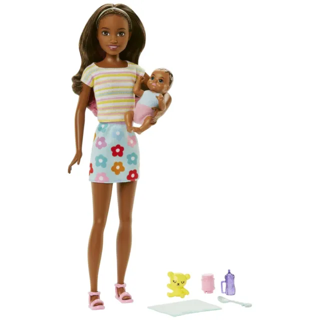 ​Barbie Dolls and Accessories, Brunette Skipper Doll with Baby Figure and 5 Acce