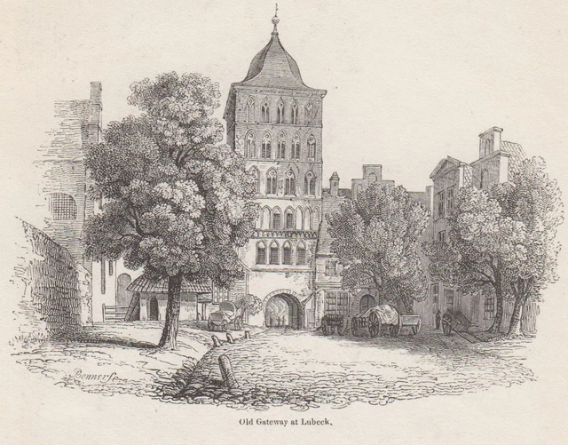 Lübeck Puerta Del Castillo Original Grabado en Madera Bonner 1829