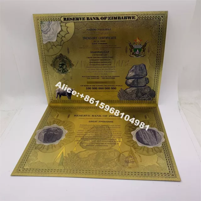 1pc Zimbabwe One Hundred trillion Dollar Bill Gold Banknote Certificate For Gift