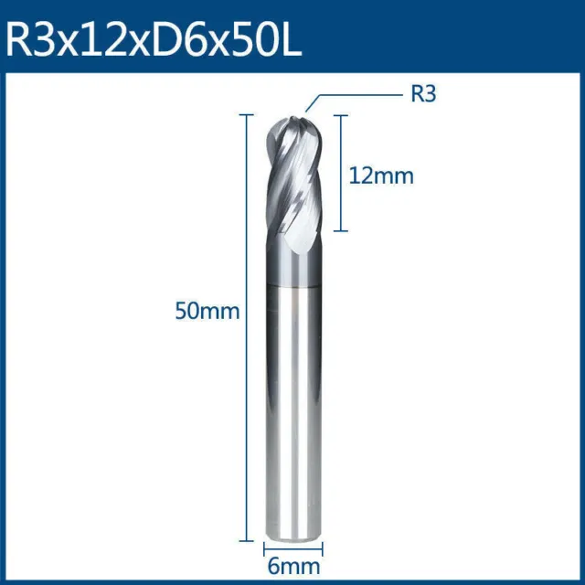 3mm Radius 50mm Long HRC45 Carbide AlTiSin Coated 4 Flute Ball Nose End Mill