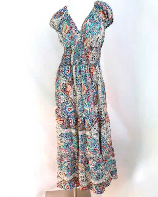 SHEIN Dress Women Large Green Blue Paisley Maxi Long Short Sleeve Peasant Boho