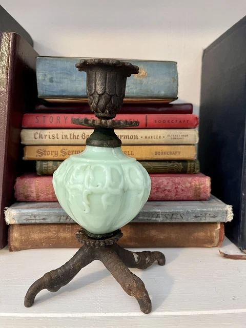 Vtg Cast Iron Turkey Claw Foot Jadeite Uranium Glass Chamberstick Candle Holder