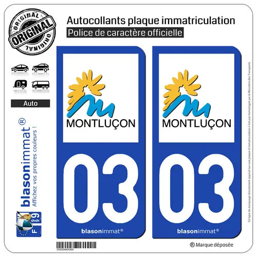 2 Stickers autocollant plaque immatriculation auto : 03 Montluçon - Ville