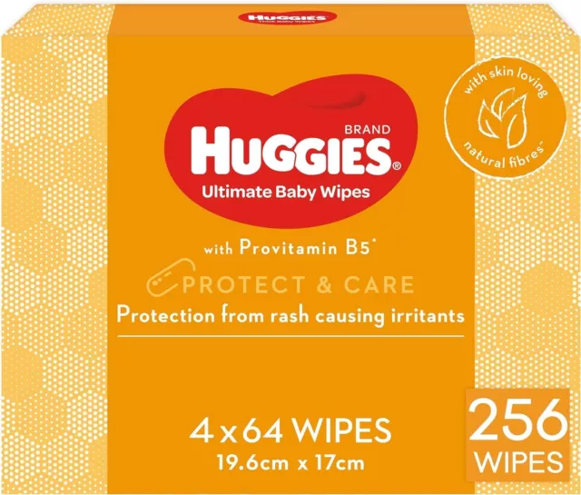 Huggies Ultimate Baby Wipes Protect and Care 256 Count (4 x 64 Pack) - Packaging