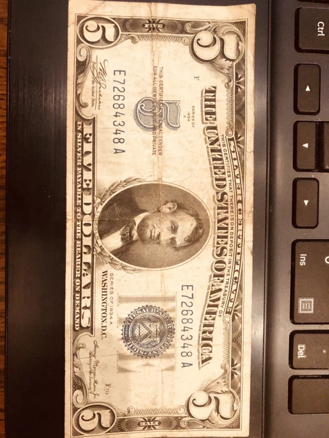 1934A  Five Dollar Blue Seal Note Silver Certificate Old US Bill $5