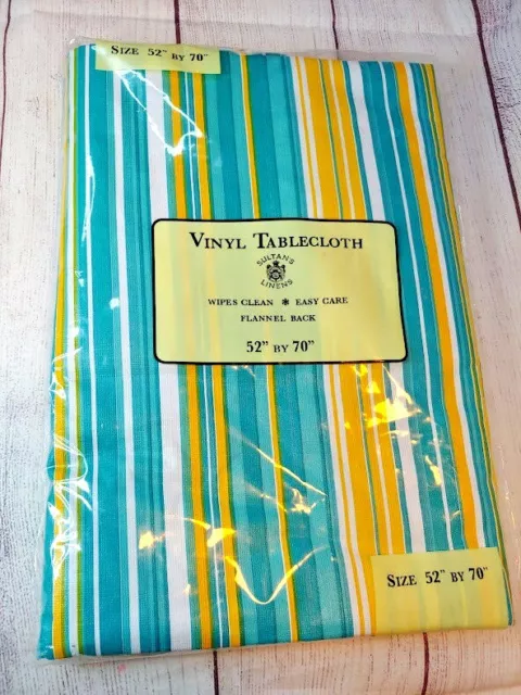 Mantel de vinilo Sultans Lino 42x70 parte posterior de franela NUEVO rayas amarillo azul blanco