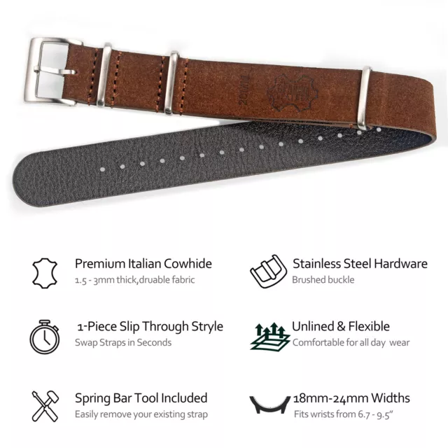 Suede Leather Watch Band, Zulu Style One-Piece Military Watch Replacement Strap 2