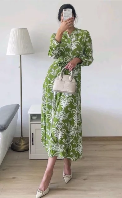 Bnwt Zara Green Printed Floral Belted Dress Size Xl