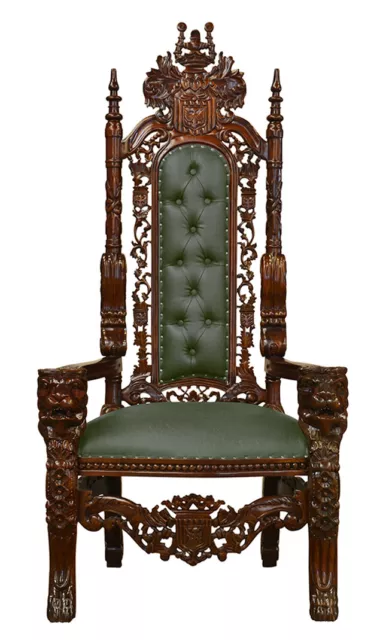 Throne Chair    - Carved Mahogany - Lion King Throne Chair  Green Faux Leather