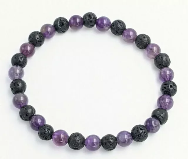 BRACELET EN PIERRE NATURELLE POLIE DE LAVE ET AMETHYSTE bijoux chakra perle 6mm