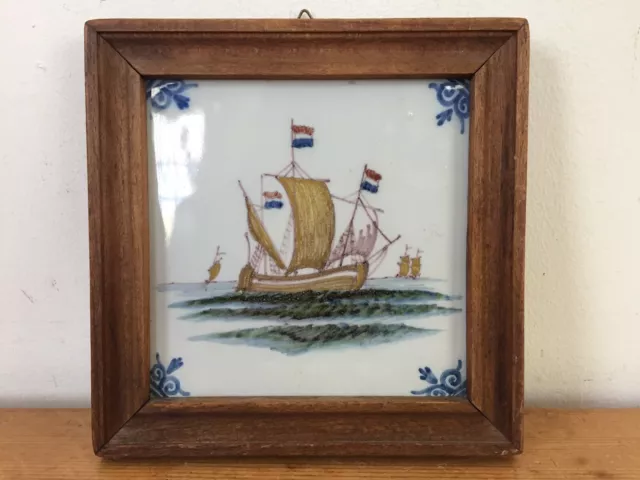 Vtg Antique Dutch Delft Makkum Holland Sailing Ship Hand Painted Polychrome Tile